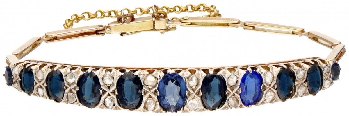 BWG 10 kt. Geelgouden art deco armband bezet met diamant en blauwe steen.