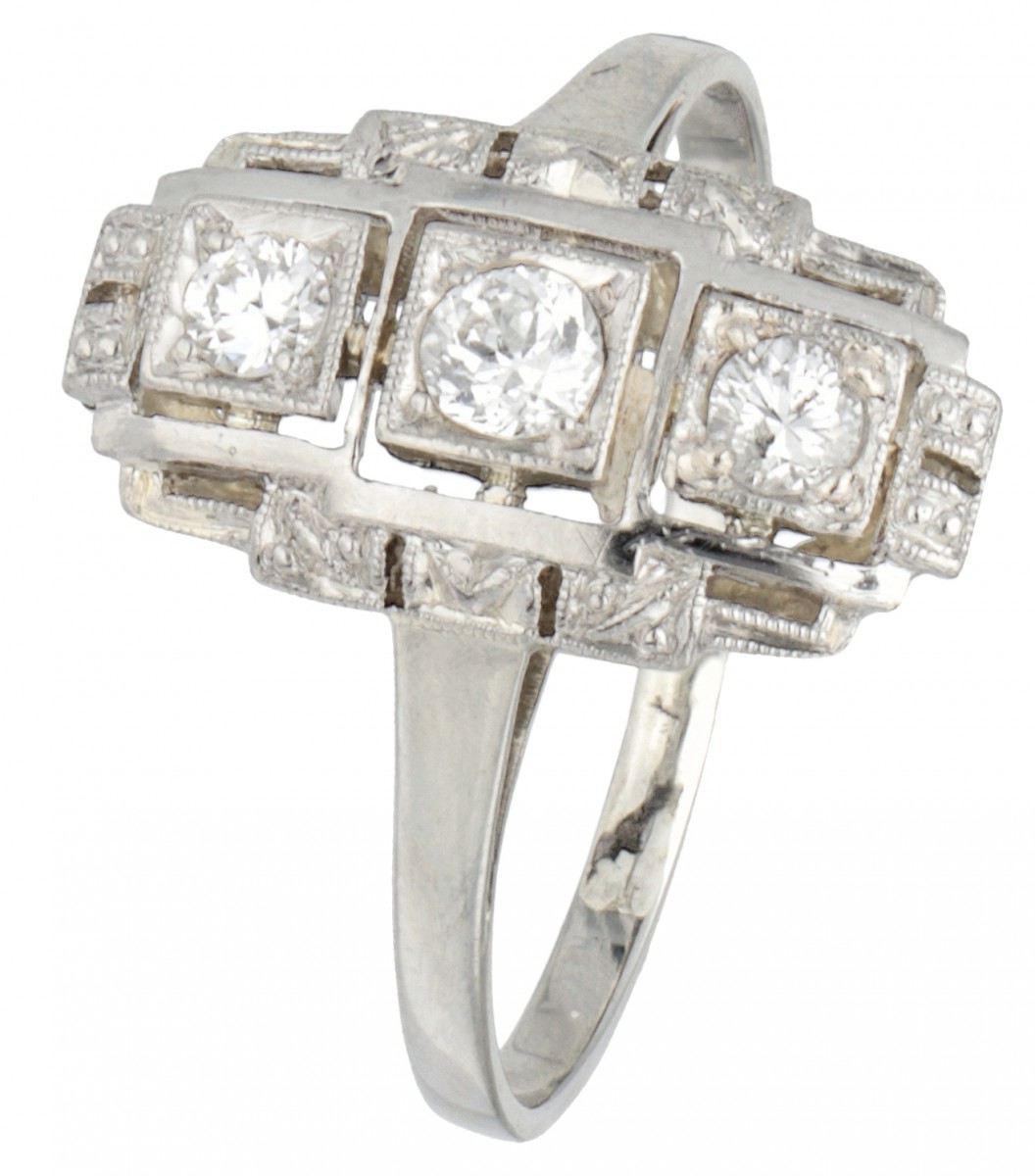 BWG 10 kt. Witgouden art deco prinsessenring bezet met ca. 0.20 ct. diamant.