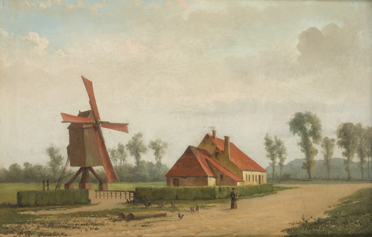 Hollandse School, ca. 1900, Een zandweg door een dorp met een molen.