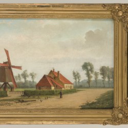 Hollandse School, ca. 1900, Een zandweg door een dorp met een molen.