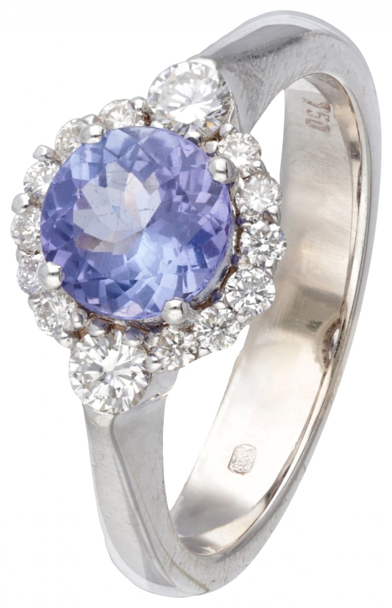 18 kt. Witgouden rozet ring bezet met ca. 0.32 ct. diamant en ca. 0.96 ct. tanzaniet.