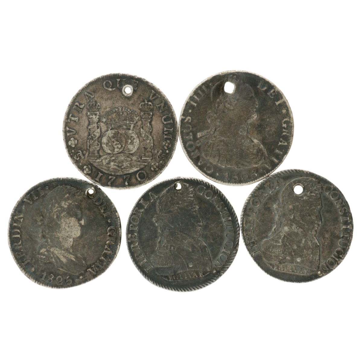 Bolivia. Lot (5) 8 Reales and 8 Soles. 1770, 1806, 1825, 1839 and 1840.
