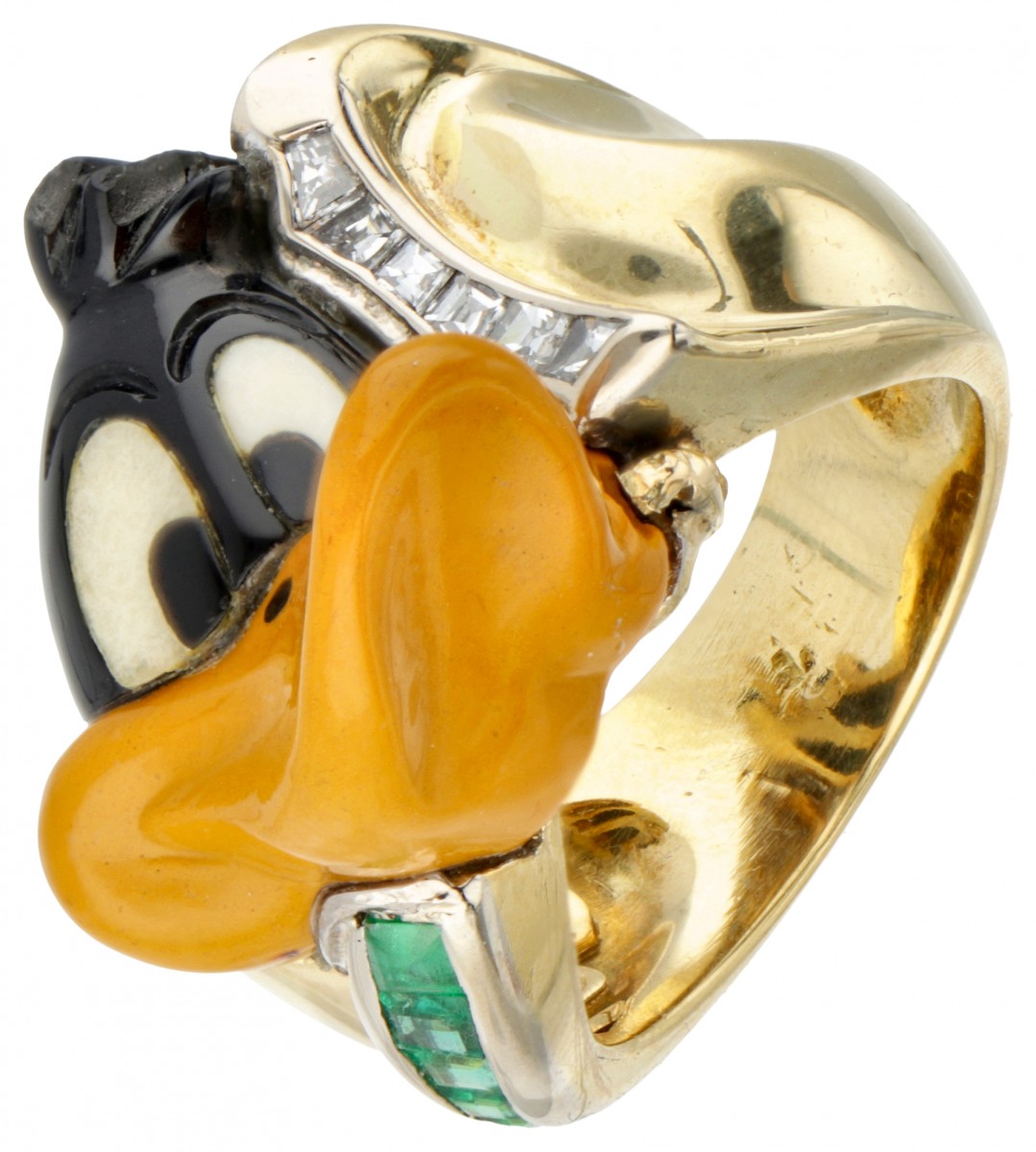 18 kt. Geelgouden Staurino Daffy Duck ring bezet met ca. 0.18 ct. diamant en smaragd.