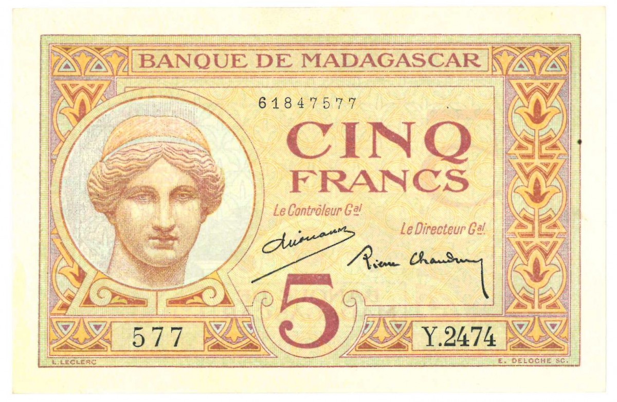 Madagascar. 5 Francs. Banknote. Type 1937. - About UNC.