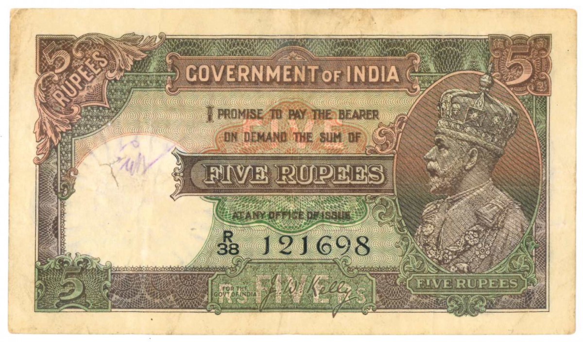 India. 5 Rupees. Banknote. Type 1928-1935. - Very good