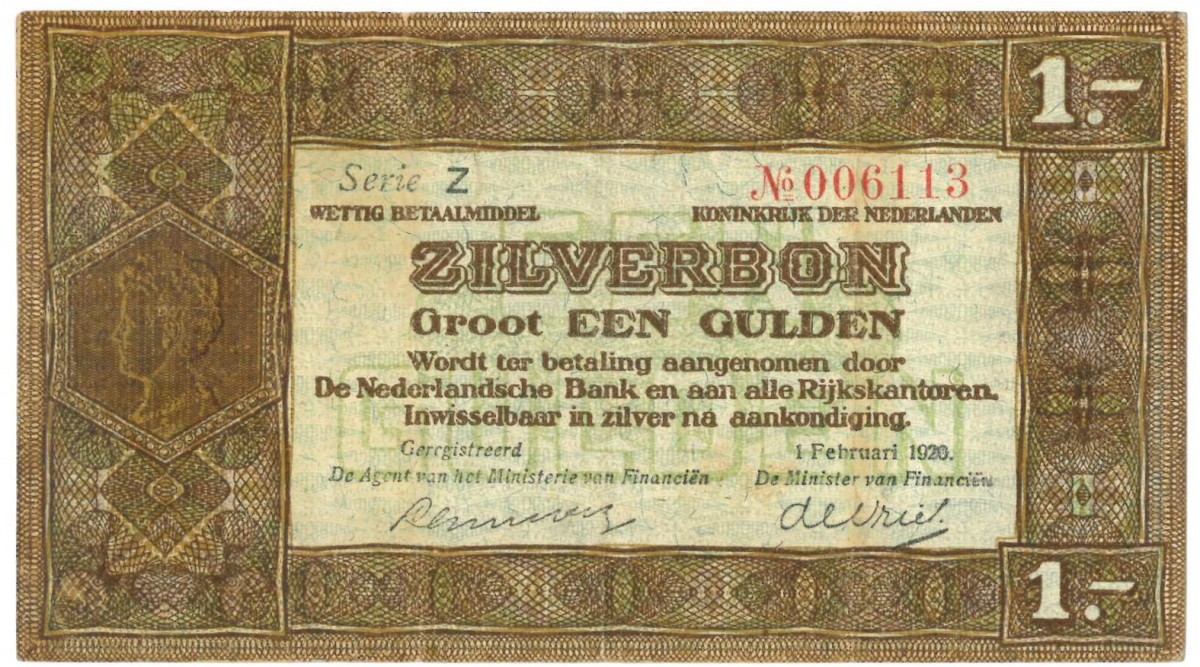 Nederland. 1 gulden. Zilverbon. Type 1920. - Fraai.
