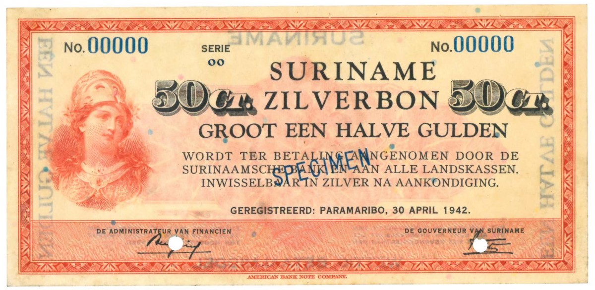 Suriname. ½ gulden. Zilverbon. Type 1942. - About UNC.