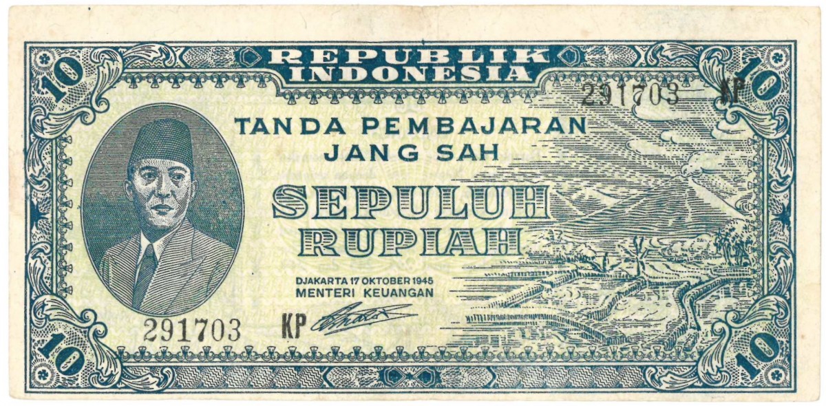 Indonesia. 10 Rupiah. Banknote. Type 1945. - Very fine -.