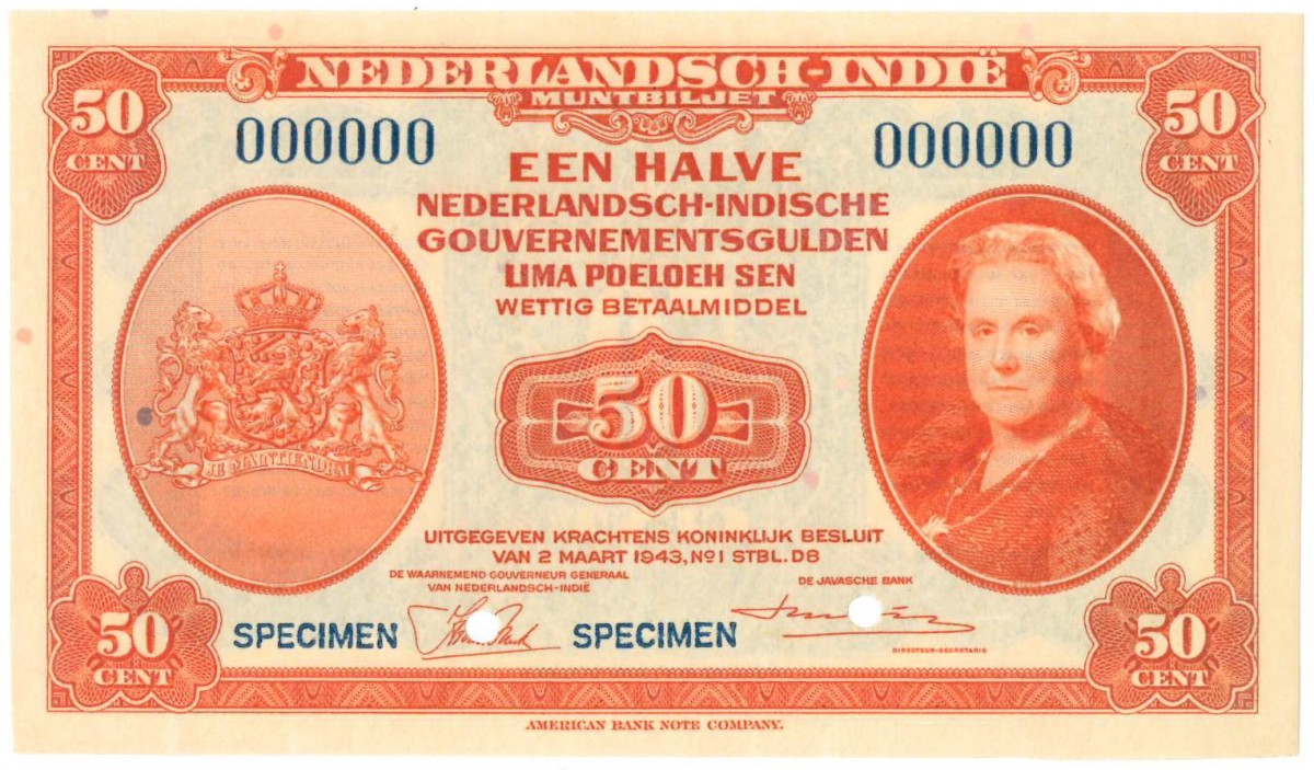 Netherlands-Indies. ½ gulden. Muntbiljet. Type 1943. - About UNC.