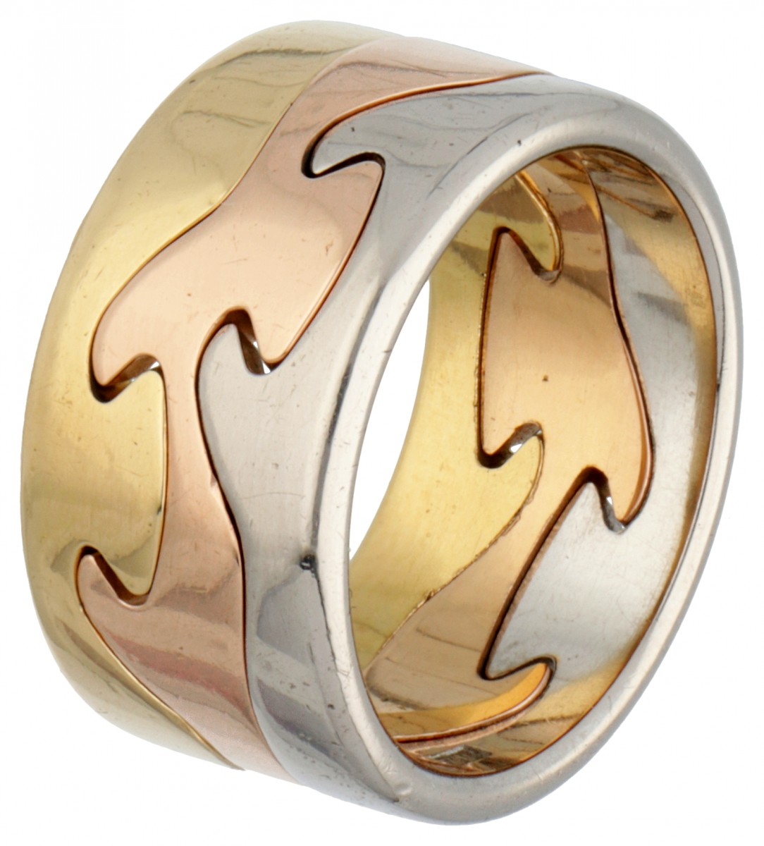 Nina Koppel voor Georg Jensen 18 kt. tricolor gouden 3-delige 'Fusion' ring.