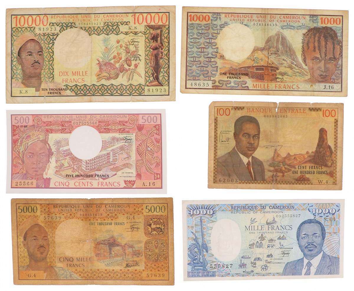 Cameroun. 100/500/2x1000/5000/10000 Francs. Banknote. Type 1974-1988. - Good - UNC.