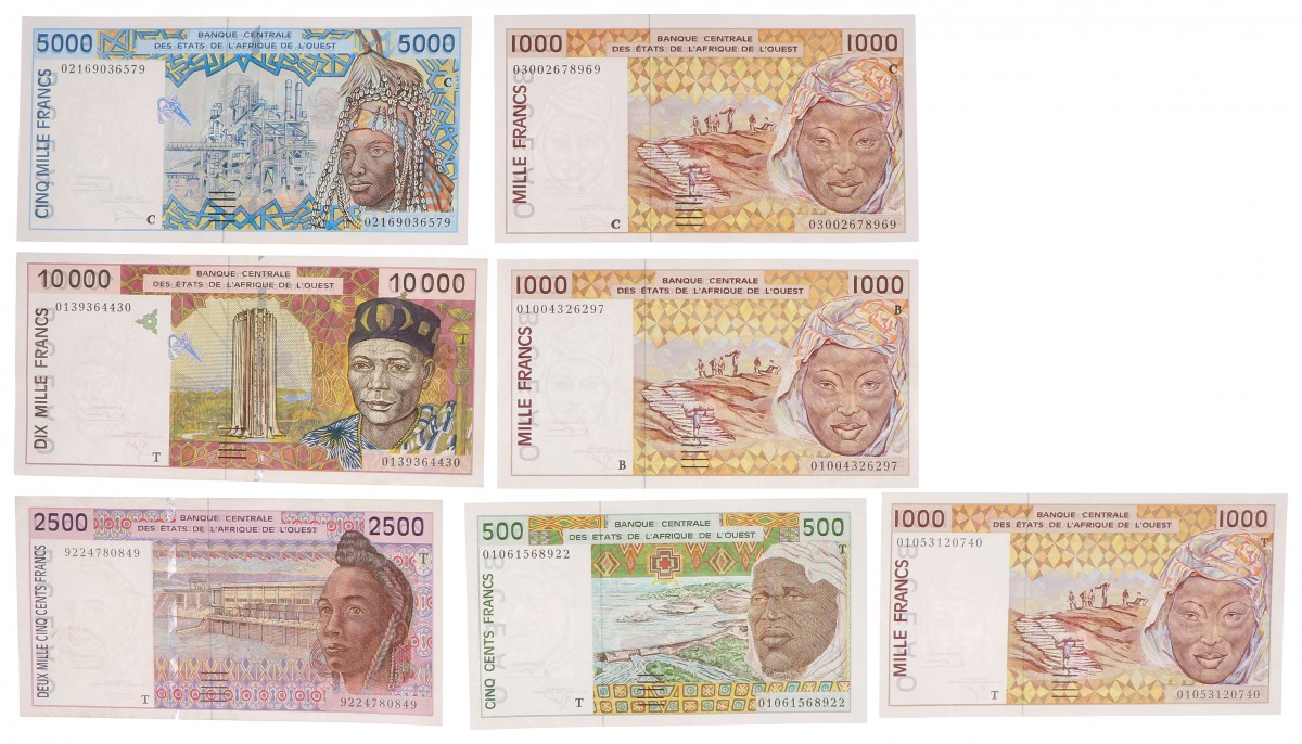 West African States. 500/3x1000/2500/5000/10000 Francs. Banknote. Type 1991-2003. - Very fine / Extremely fine.