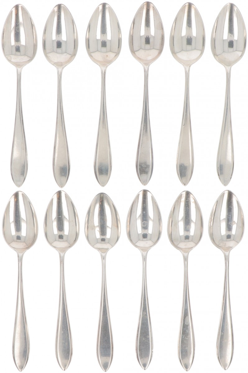 (12) delige set koffielepeltjes "Hollands puntfilet" zilver.