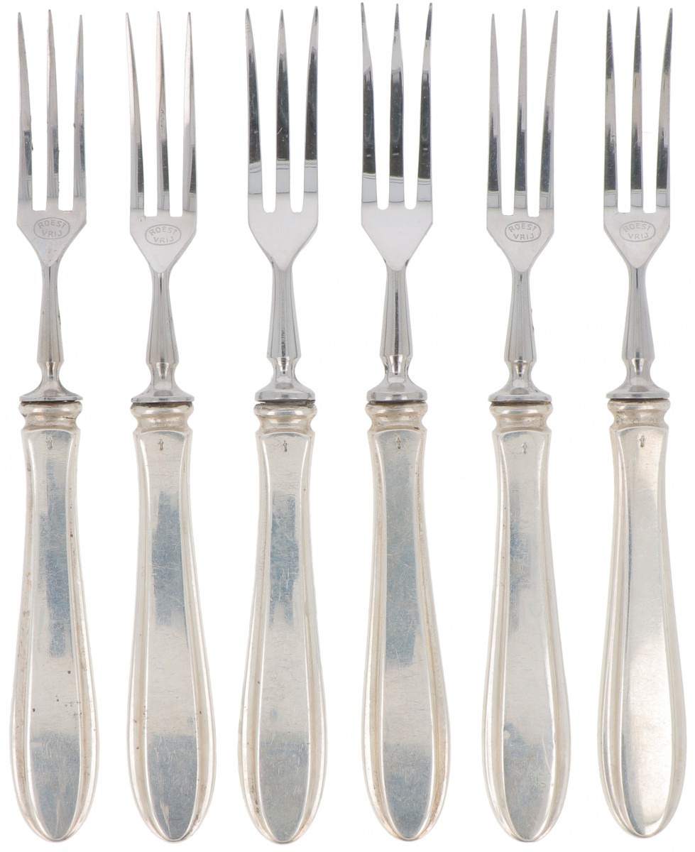 (6) delige set fruitvorkjes "Hollands puntfilet" zilver.