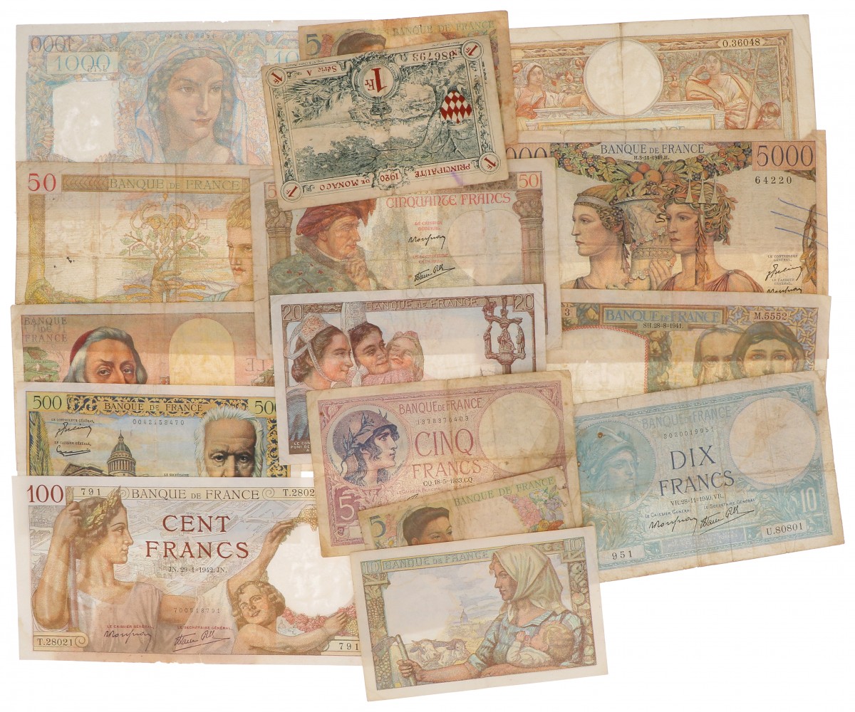 France. Lot 16 notes. Banknote. Type 1922-1955. - Good – Very fine.