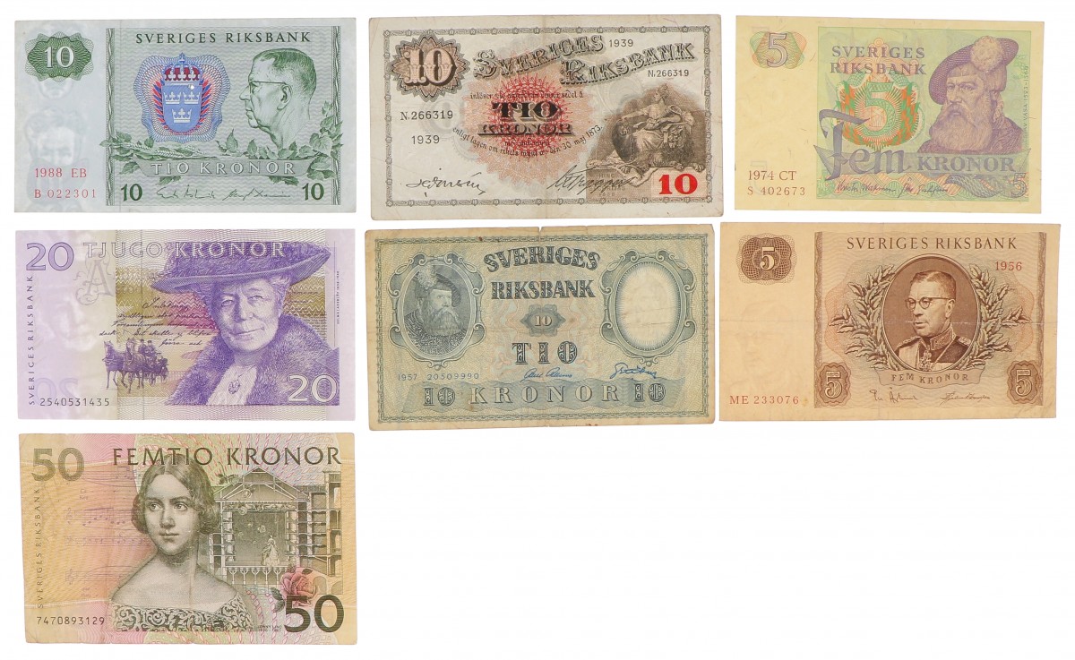 Sweden. 2x5/3x10/20/50 Kronor. Banknote. Type 1939-1988. - Very good – Extremely fine.