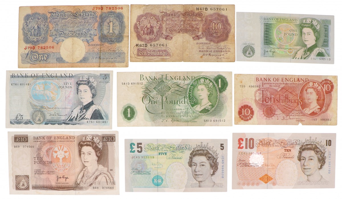 Great Britain. Lot 9 notes. Banknote. Type 1948-2000. - Good - UNC.