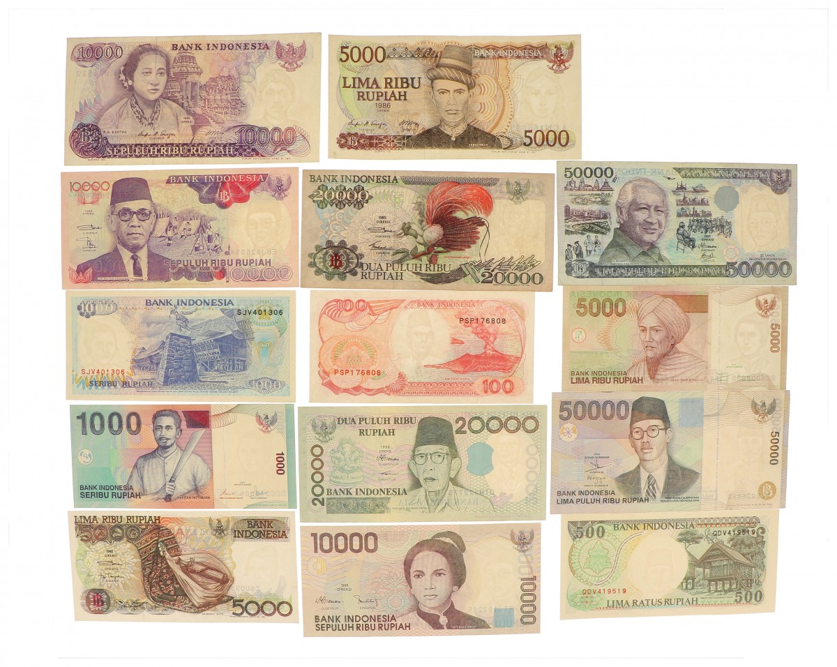 Indonesia. Lot 14 notes. Banknote. Type 1985-2001. - Very fine – UNC.