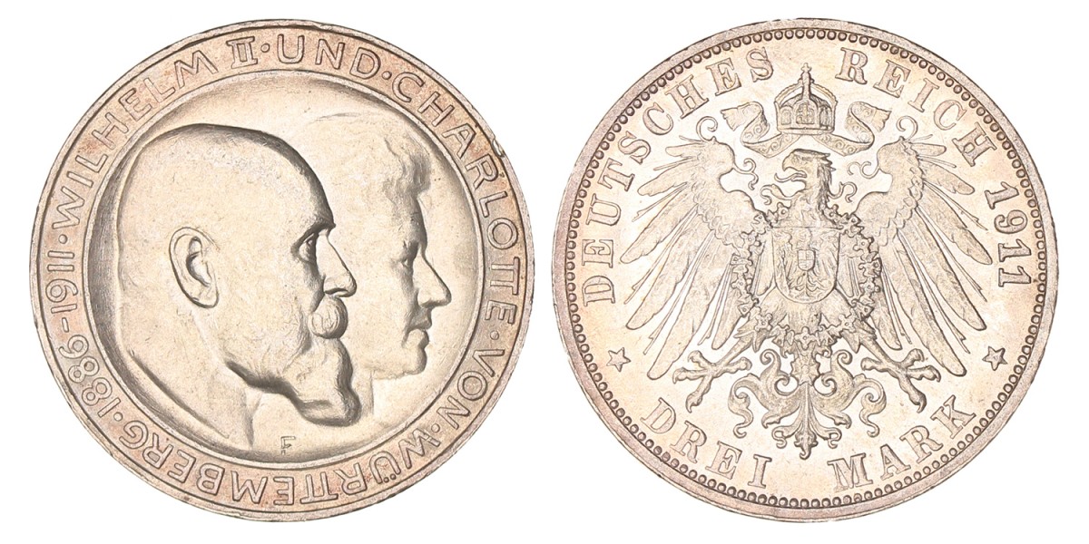 German states. Württemberg. Wilhelm II. 3 Mark. 1911 F.