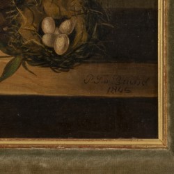 Draagt signatuur "P.T. van Brussel", Een bloemstilleven op een marmeren plint.