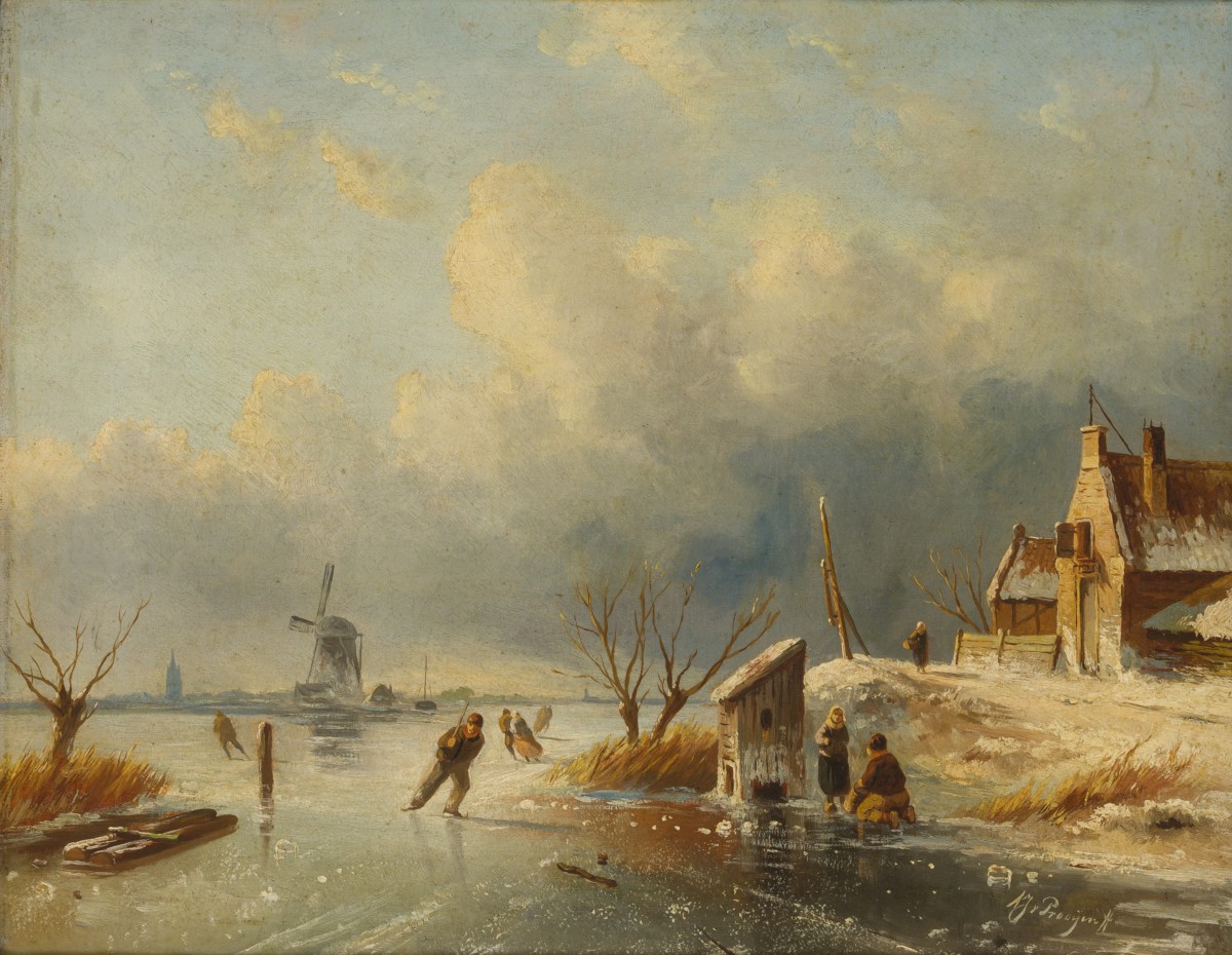 Albert Jurardus van Prooijen (Groningen 1834 - 1898 Amsterdam), Schaatsenrijders op een rivier in wijds landschap.