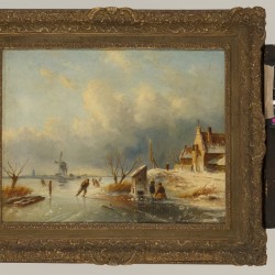 Albert Jurardus van Prooijen (Groningen 1834 - 1898 Amsterdam), Schaatsenrijders op een rivier in wijds landschap.