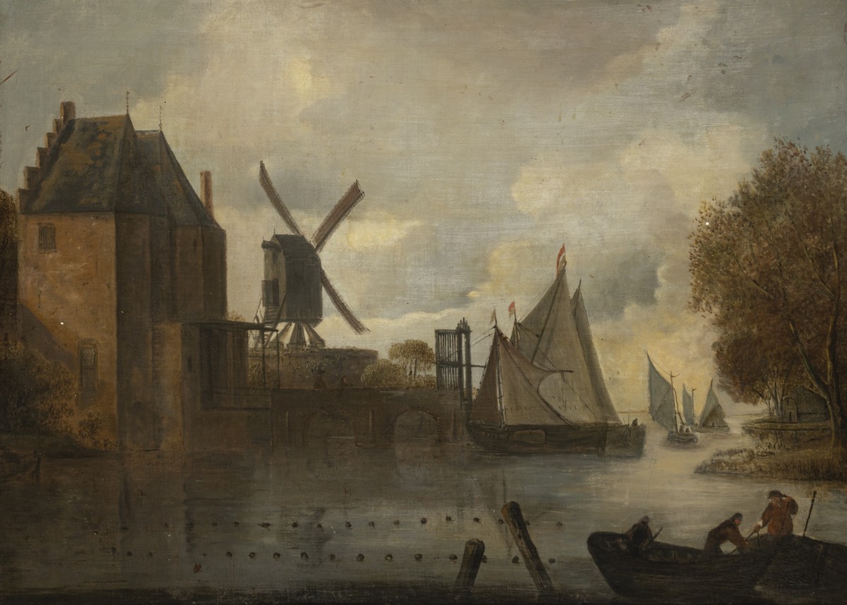 Hollandse School, 17e eeuw. Vissers in een gracht bij een stadspoort.