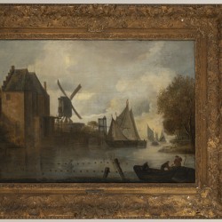 Hollandse School, 17e eeuw. Vissers in een gracht bij een stadspoort.