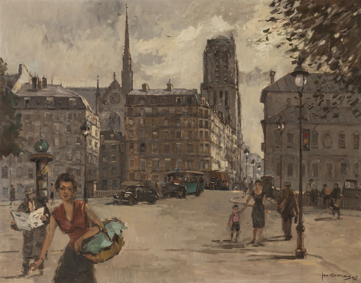 Jan Korthals (Amsterdam 1916 - 1972), Stadsgezicht te Parijs met een zijaanzicht van de Nôtre Dame gezien vanaf de Rue D'Arcole.
