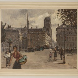 Jan Korthals (Amsterdam 1916 - 1972), Stadsgezicht te Parijs met een zijaanzicht van de Nôtre Dame gezien vanaf de Rue D'Arcole.