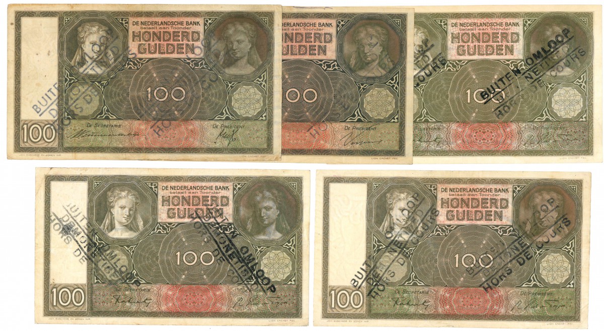 Nederland. 5x 100 gulden. Bankbiljet. Type 1930. Type Luitspelende vrouw. - Fine – Extremely fine.