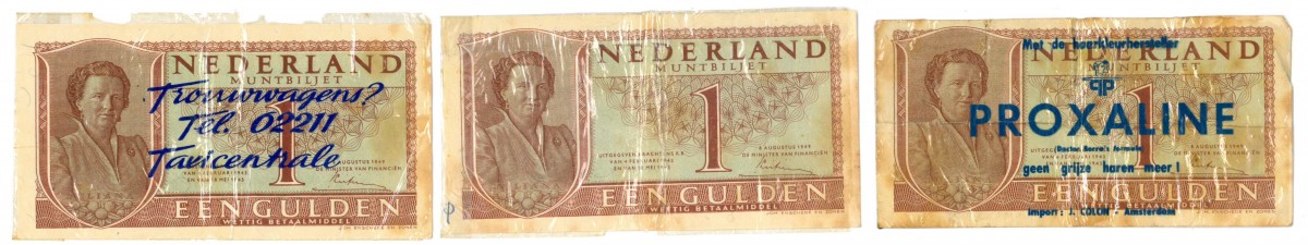 Nederland. 3X 1 gulden. Bankbiljet. Type 1949. Type Juliana. - Zeer Fraai.