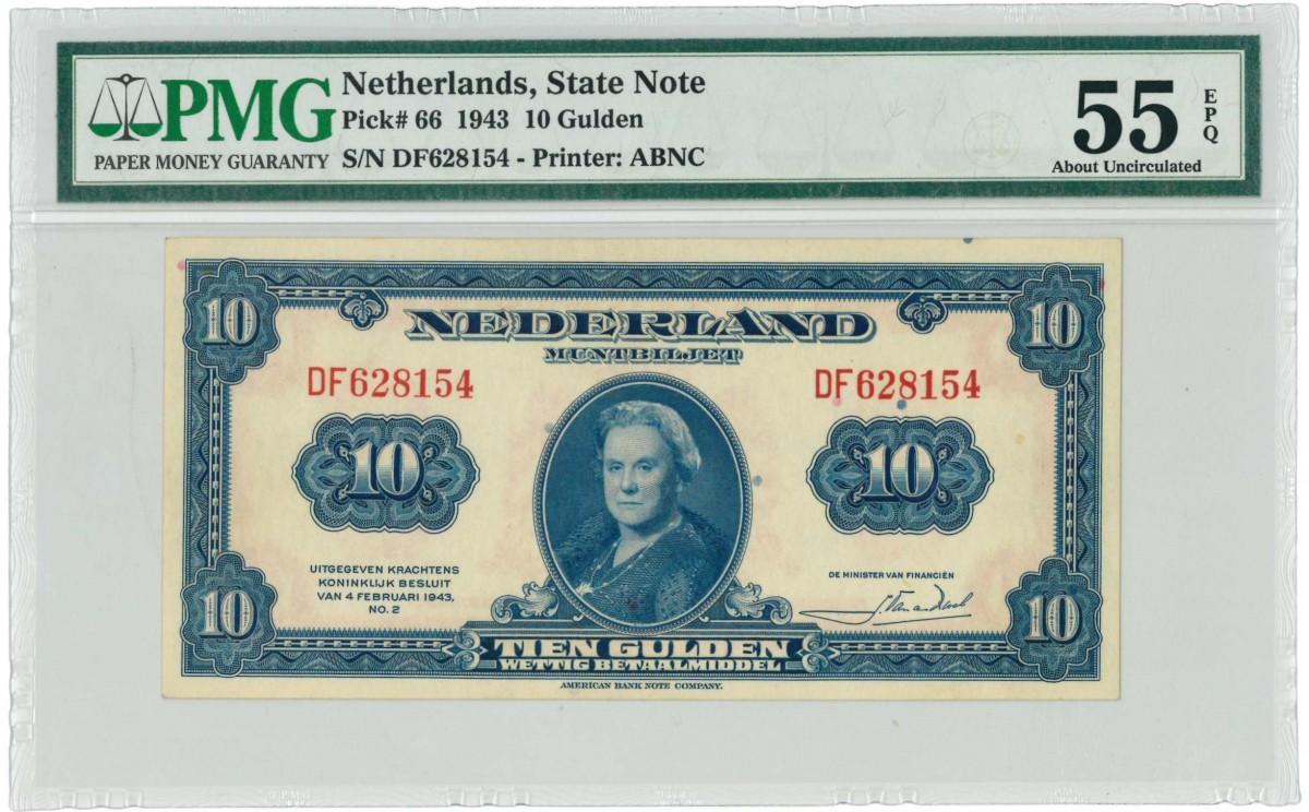 Nederland. 10 gulden. Muntbiljet. Type 1943. Type Wilhelmina. - About UNC.