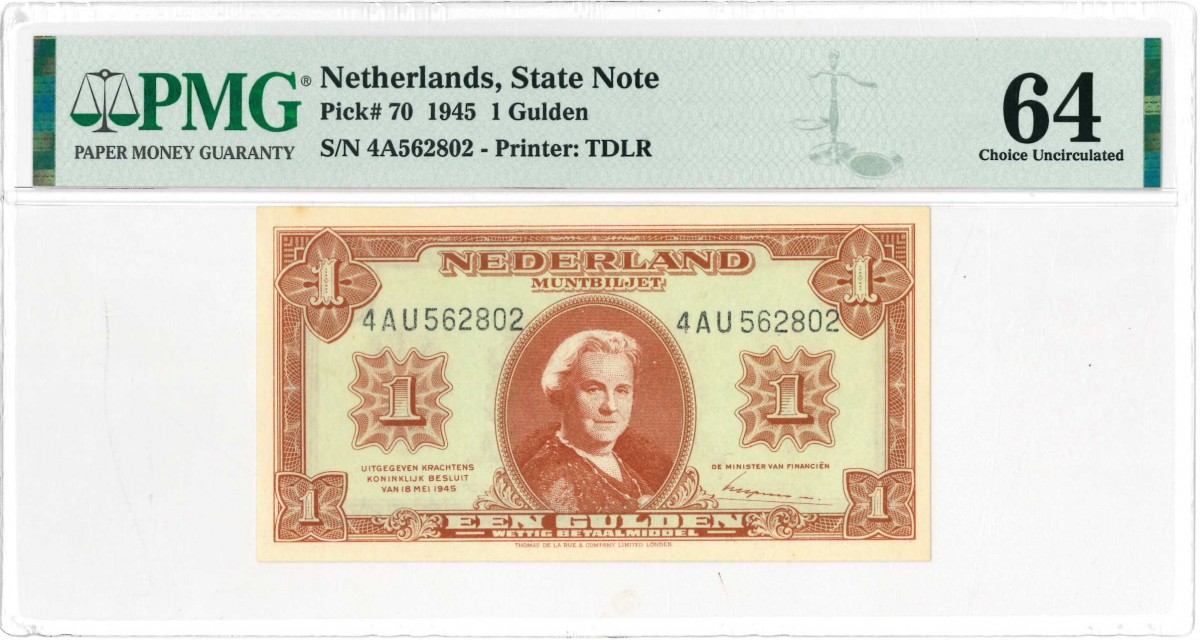 Nederland. 1 gulden. Muntbiljet. Type 1945. Type Wilhelmina II. - UNC.