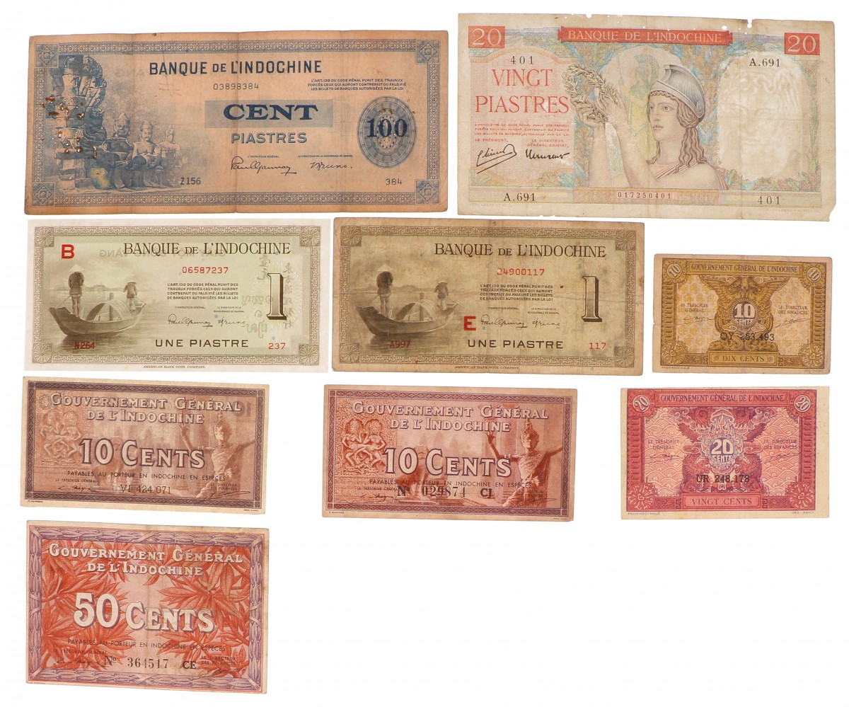 French Indo-china. Lot 9 notes. Banknote. Type ND. - Good - UNC.