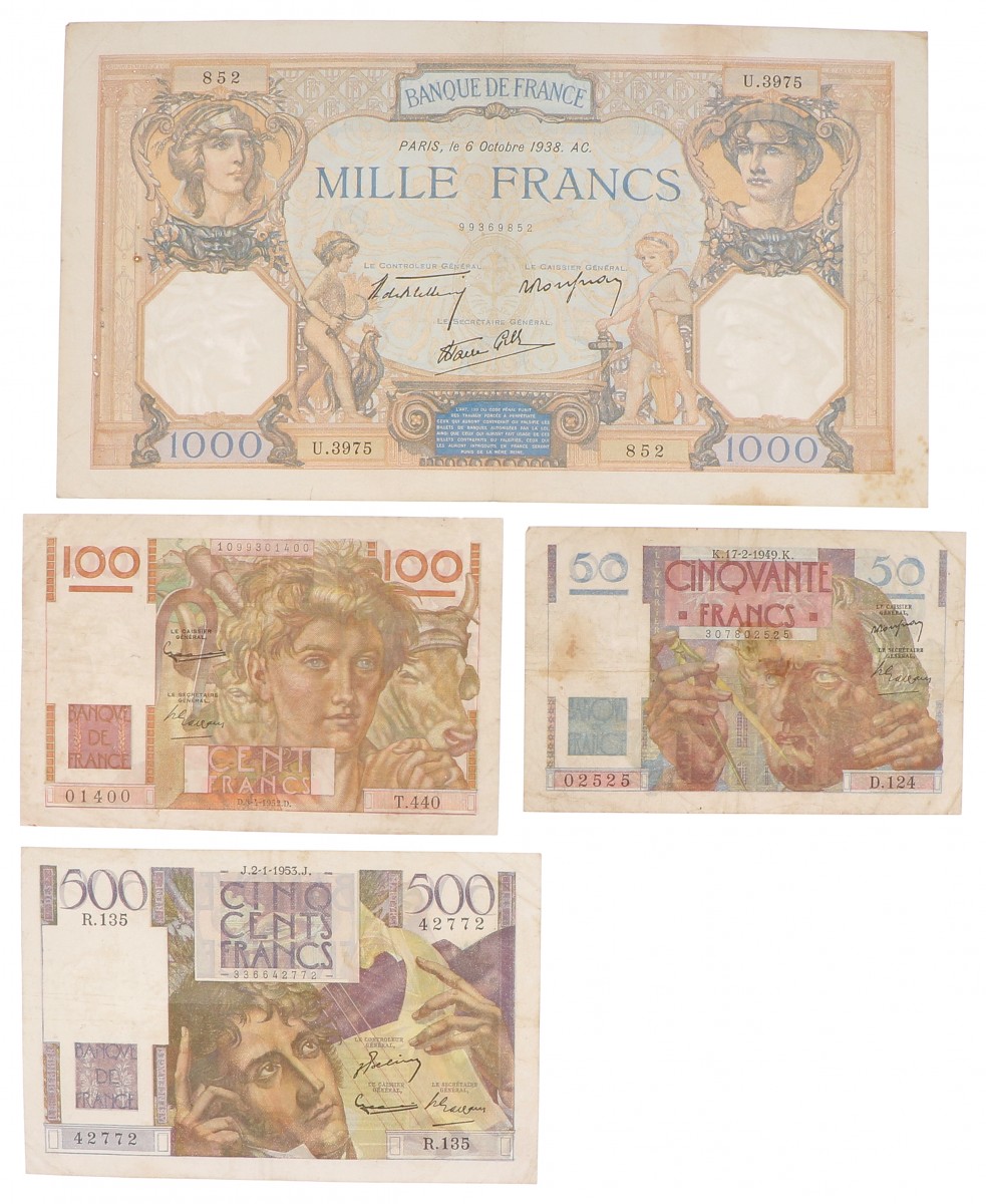 France. 50/100/500/1000 Francs. Banknote. Type 1938-1953. - Fine.