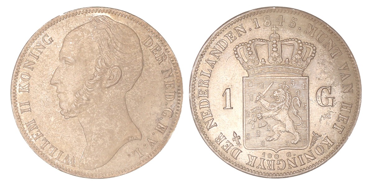 1 Gulden. Willem II. 1845 met streep. Prachtig / UNC.