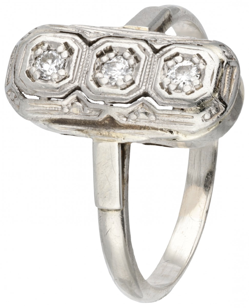 14 kt. Witgouden art deco prinsessenring bezet met ca. 0.09 ct. diamant.