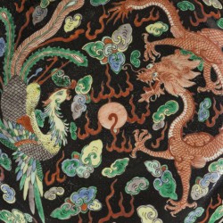 Een porseleinen famille noir schotel met drakendecor, gemerkt Kangxi. China, 19e eeuw.