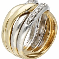18 kt. Bicolor gouden gevlochten ring bezet met ca. 0.16 ct. diamant.