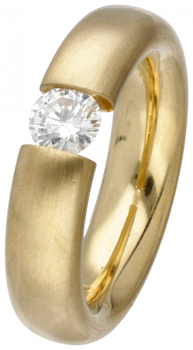 18 kt. Klassieke geelgouden satin Niessing 'Spannring' bezet met ca. 0.44 ct. diamant.