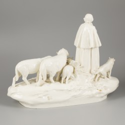 Een blank aardewerken beeldengroep, herder met schaapskudde, H. Schubert, Dux Czechoslovakia, 1916.