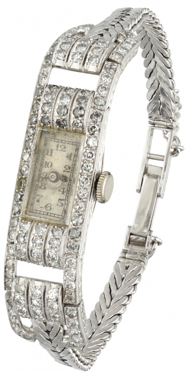 18 kt. Witgouden art deco dames polshorloge bezet met ca. 2.12 ct. diamant in een Pt 900 platina zetting.