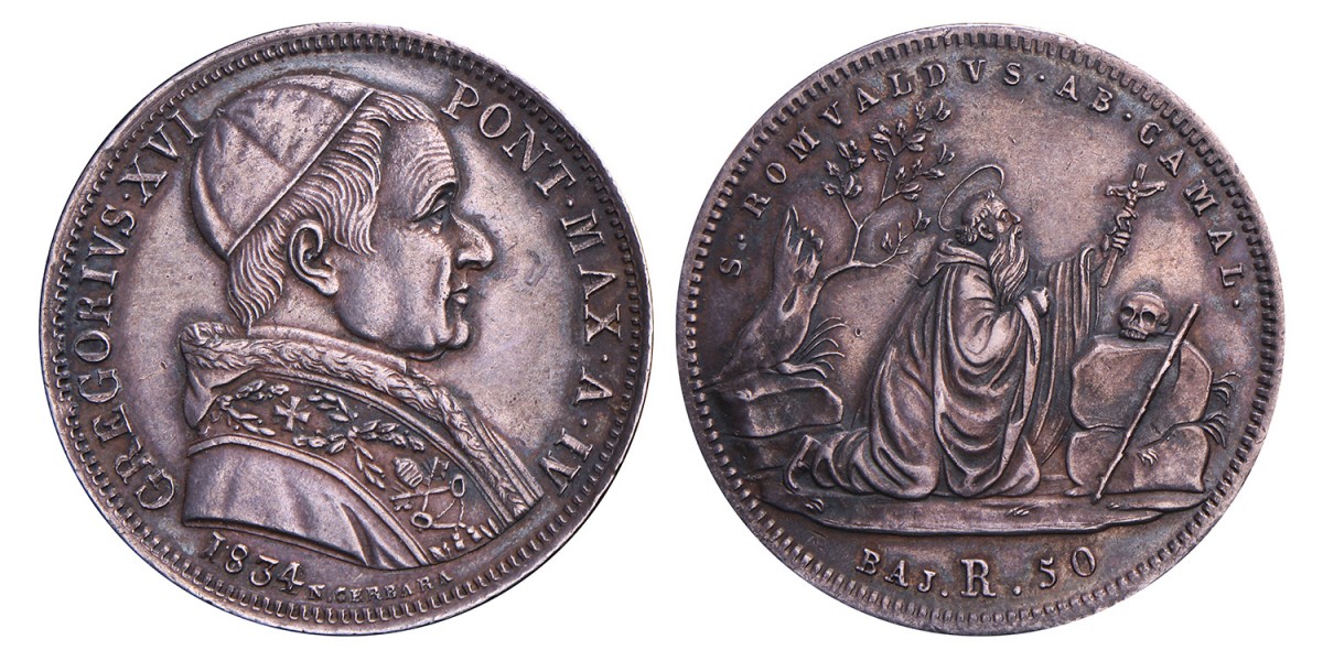 Italian states. Papal states. Gregory XVI. 50 Baiocchi. 1834.