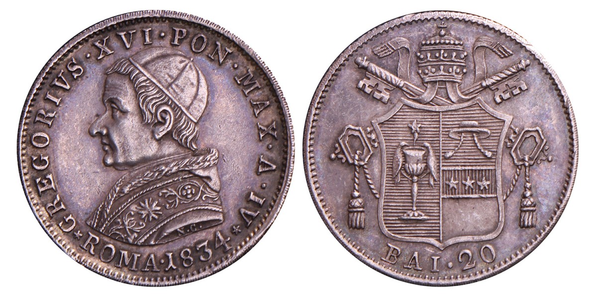 Italian states. Papal states. Gregory XVI. 20 Baiocchi. 1834.