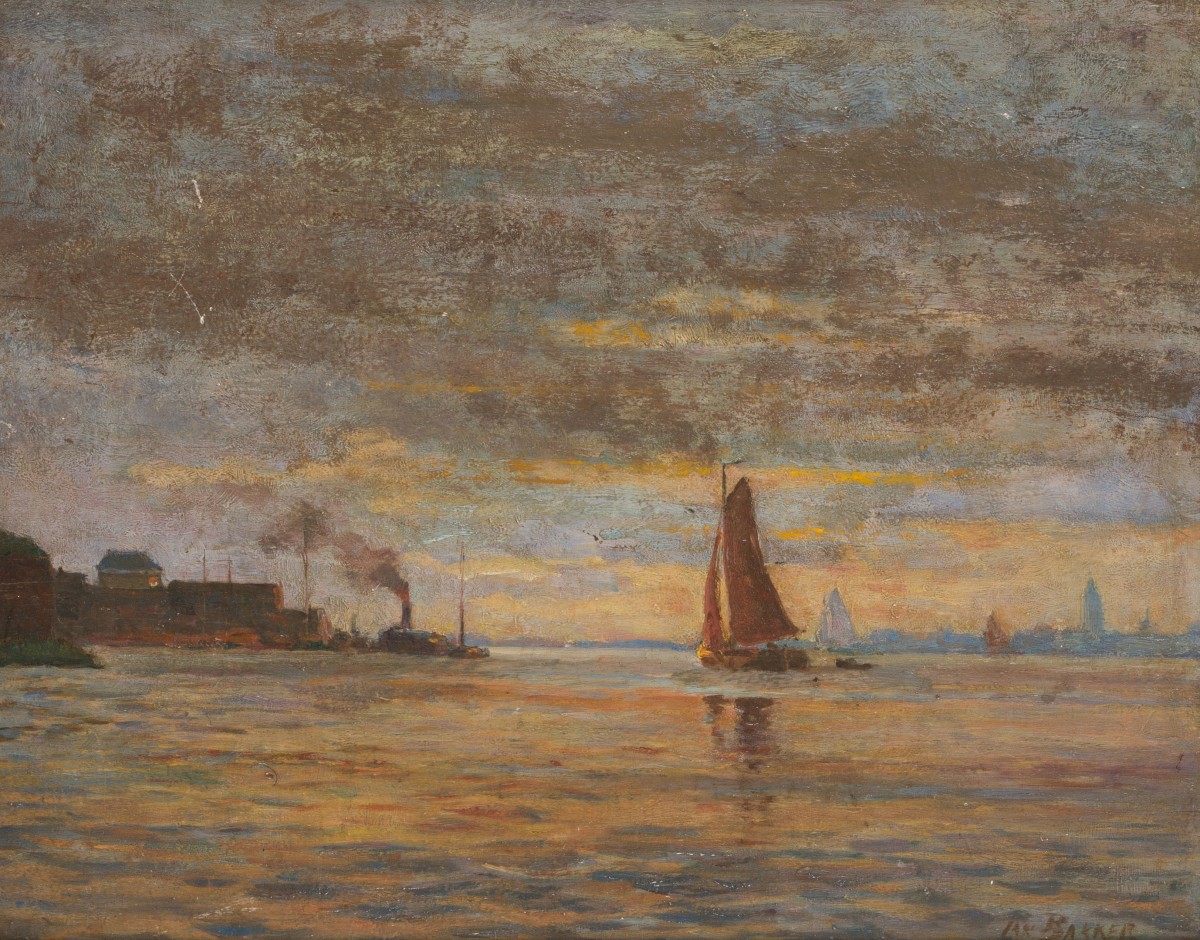 Johannes "Jan" Bakker (Schiedam 1879 - 1944 Voorburg), Schepen op de Merwede bij avond.