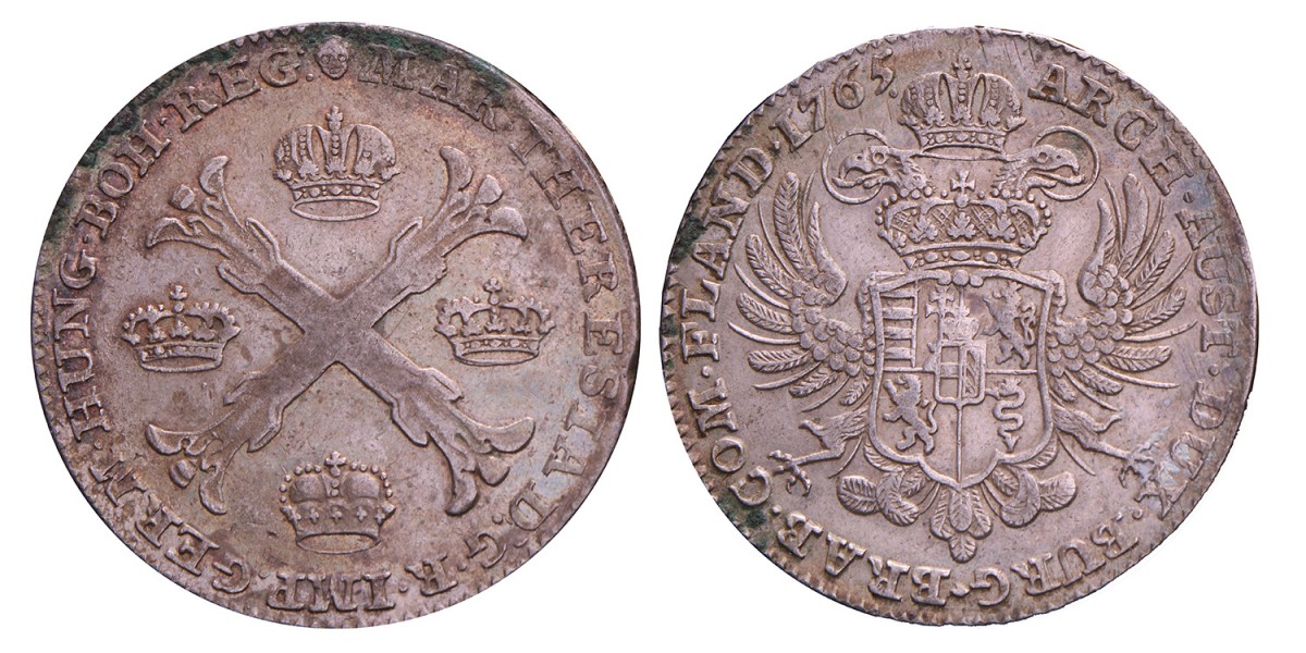 Kronenthaler Maria Theresia 1765 Brussel. Zeer fraai +.