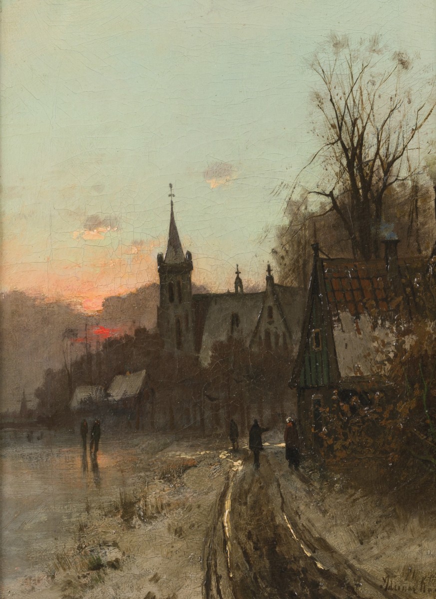 Adrianus Johannes "Ad" van der Kok (Schoonhoven 1901 - 1963 Amsterdam), Een kerkje aan een zandpad in winter bij avond.