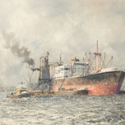 M. de Jongere (pseudoniem voor Martinus Drulman) (Amsterdam 1912 - 1977 Rotterdam), Een vrachtschip wordt geladen in de Maashaven met behulp van een stoom graanelevator