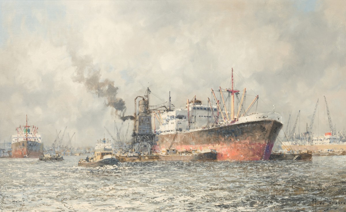 M. de Jongere (pseudoniem voor Martinus Drulman) (Amsterdam 1912 - 1977 Rotterdam), Een vrachtschip wordt geladen in de Maashaven met behulp van een stoom graanelevator